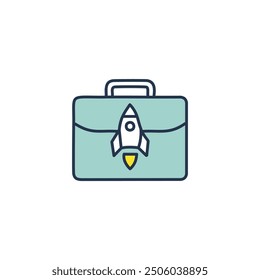 Business launch icon with rocket. Illustration of a briefcase with a rocket launching from it, symbolizing business growth, new beginnings, and progress.