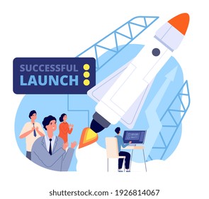 Business launch. Launching startup, fly spaceship new project. Start process, management work strategy or innovation mission utter vector concept