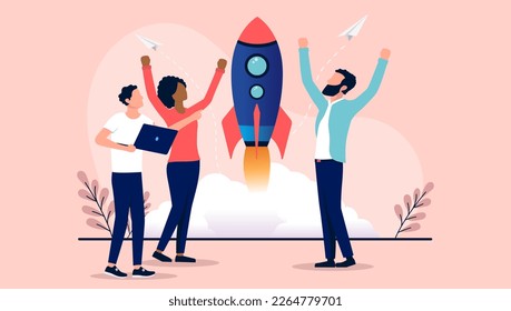 Business launch - People launching rocket up in air in office cheering and celebrating success. Flat design vector illustration