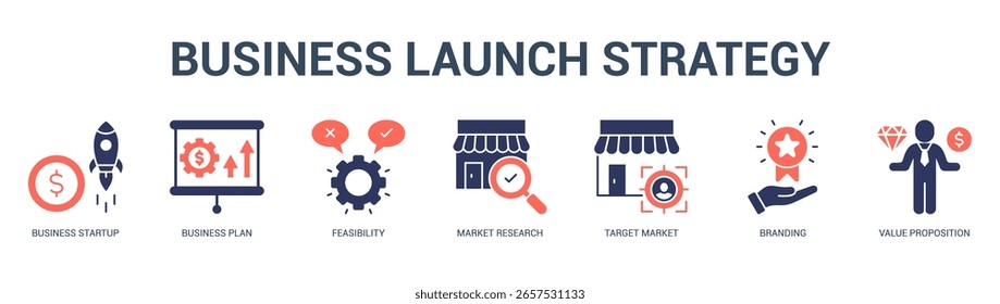 Business Launch Strategy Modern and clean web banner illustration featuring thematic icons for visual communication