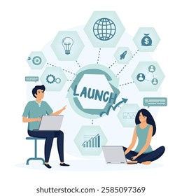 Business launch. Teamwork and planning, portraying professionalism and collaboration using technology and ideas in a conceptual environment. Flat vector modern illustration 