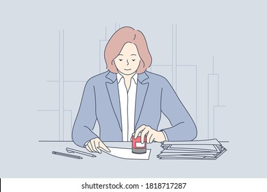 Business, law, accounting, finance, work concept. Young smiling businesswoman clerk manager lawyer attroney character stamps documents in office. Financial occupation notarial procedure illustration.