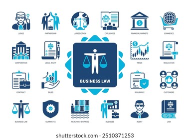 Business Law icon set. Jurisdiction, Civil Codes, Guarantee, Contract, Agent, Insurance, Commerce, Law. Duotone color solid icons