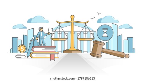 Business law with legal rules and rights regulation statement outline concept. Ethical and moral company justice protection vector illustration. Lawyer company protection with paper works knowledge.