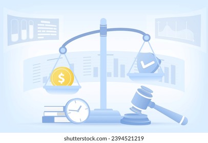 Business and law system concept. Law balance design elements in the middle. Financial law, management, investment, property, data analysis, company and balance. Flat vector design illustration.