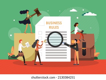 Business laws and regulations, ethical practice, company rules, compliance policy and procedures, vector illustration.