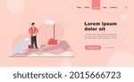 Business leader achieving goal. Businessman standing on top, flag, heap of cash flat vector illustration. Business success, leadership concept for banner, website design or landing web page