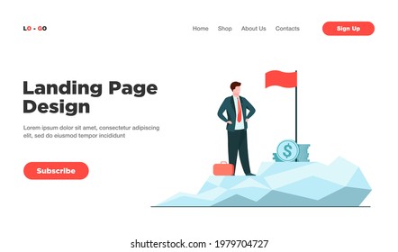 Business leader achieving goal. Businessman standing on top, flag, heap of cash flat vector illustration. Business success, leadership concept for banner, website design or landing web page