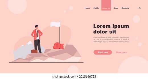 Business leader achieving goal. Businessman standing on top, flag, heap of cash flat vector illustration. Business success, leadership concept for banner, website design or landing web page