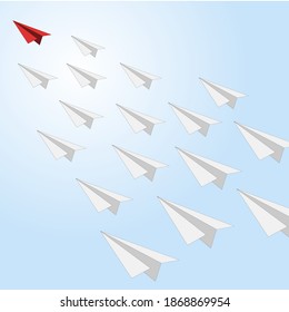 Business leader aiming forward, red paper plane boss. Business follow leader, teamwork and competition, successful winner individual, manager lead. Vector illustration