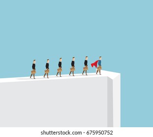 business leader businessman in red cape and other people standing on arrow way, cartoon vector illustration
