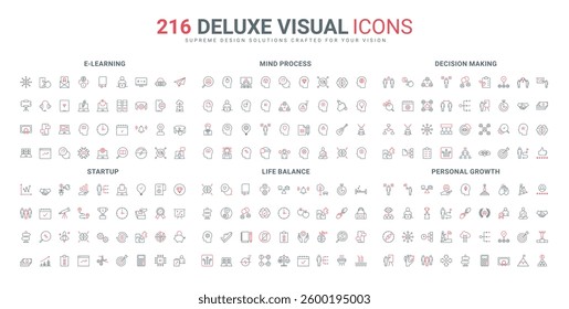 Business leader career growth, startup project, workers mind process line icon set. Life cycle balance, priority of decisions to protect health thin black and red outline symbols vector illustration