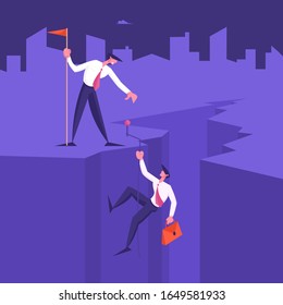 Business Leader Character Help Colleague Climb to Top of Cleft with Hoisted Red Flag, Businessman Help Teammate to Go Up on Mountain Peak. Teamwork, Leadership Concept. Cartoon Vector Illustration