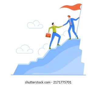 Business Leader Character Help Colleague Climb to Top of Mountain with Hoisted Red Flag, Businessman Help Teammate to Go Up on Rock Peak. Teamwork, Leadership Concept. Cartoon Vector Illustration