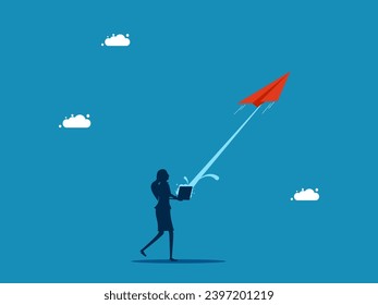 Business leader concept. Businesswoman launches paper rocket from laptop. vector 