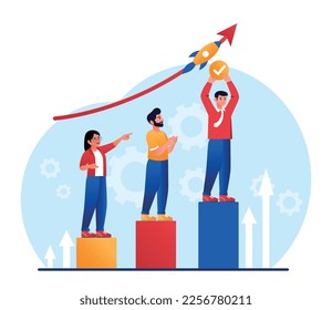 Business leader concept. Men and women stand on growing graph. Young guy with rocket in his hands. Motivation and self development. Successful employee or businessman. Cartoon flat vector illustration