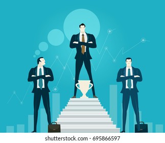 Business leader concept. Three businessman on the winners podium with the trophy. Metaphor.