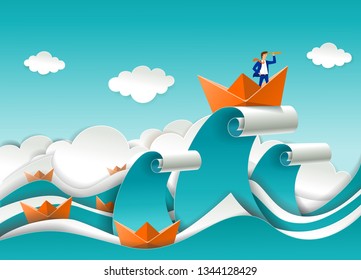 Business leader concept vector poster in paper art origami style. Businessman looking through telescope standing in boat on the top of ocean wave. Business leadership concept.