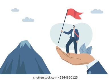 Business leader with confidence in success Mentor or advice to employees or beginners, Business development successful organization, Businessman standing with flag on big hand.
Vector illustration.