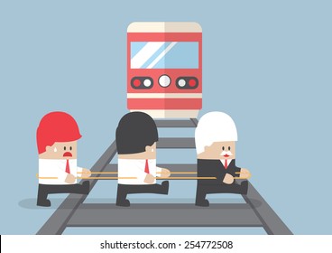 Business leader crossing railroad by ignoring his team, VECTOR, EPS10