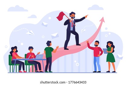 Business leader with flag showing way to success isolated flat vector illustration. Cartoon businessmen and business women training for victory. Challenge and leadership concept