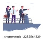 Business leader at helm of company points team in right direction. Businessmen driving boat. Ship wheel. Corporate strategy. Teamwork management. Searching decision