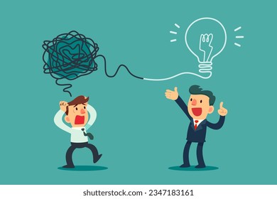 Business leader help mentoring his confused employee to tranform chaos idea into a clarify creative light bulb. Mentorship and innovation business concept.