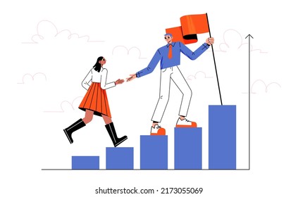 Business leader helps woman on career ladder. Vector flat illustration of people climb on rising chart, man with red flag on top give hand to teammate. Concept of leadership, teamwork