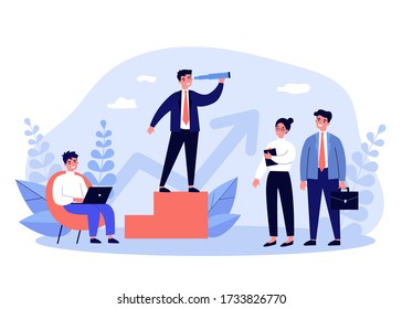 Business leader and his team. Businessman with spyglass looking faraway, managers with laptop and briefcase. Can be used for leadership, management, planning, training, challenge concept