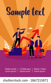 Business leader and his team. Businessman with spyglass looking faraway, managers with laptop and briefcase. Can be used for leadership, management, planning, training, challenge concept