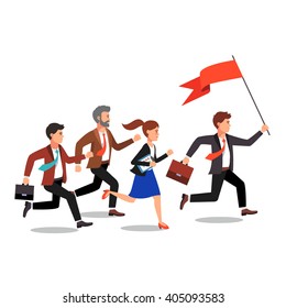 Business Leader Holding Big Flag And Leading The Way To His Fellow Colleagues Businessman People.  Flat Style Vector Illustration.