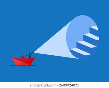 Business leader holding binoculars sailing on a paper boat looking for progress
