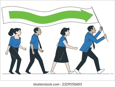 Business leader holding red flag. Concept business illustration. Business leader holding big flag and leading the way to his fellow colleagues businessman people. Flat style vector illustration. 1927