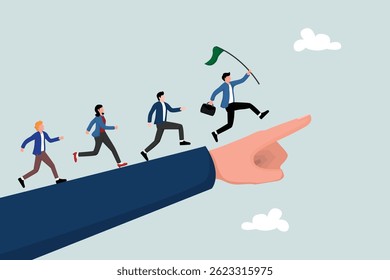 Business leader holding winner flag leading businessmen while pointing finger.