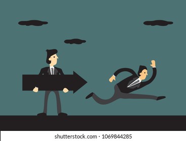 Business leader holds a black arrow, leading his people to the reach their corporate goal on a green background. Concept of business leadership, teamwork and cooperation. Vector cartoon illustration