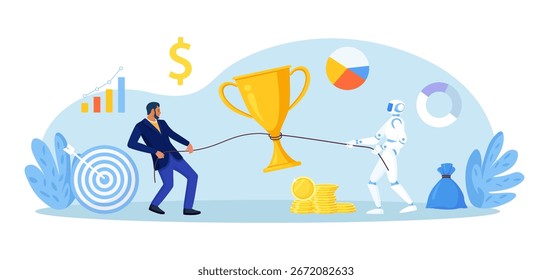 Business leader and humanoid robot pull a rope with golden cup. AI partnership and competitive drive that leads to higher revenue, award winning. Chatbot and man fight for trophy. Business competition
