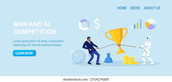 Líder de negocios y robot humanoide tiran de una cuerda con copa de oro. Asociación de IA e impulso competitivo que conduce a mayores ingresos, ganadores de premios. Chatbot y hombre luchan por trofeo. Competencia empresarial