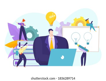 Business leader and idea team people, vector illustration. Businessman brainstorming at office, creative cartoon person communication. Teamwork strategy design concept, flat group work.