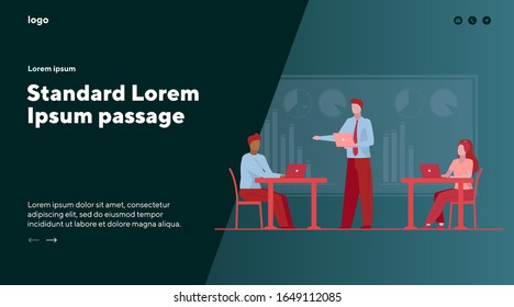 Líder de negocio instruyendo a grupo de trabajo. Equipo que usa laptops en la ilustración de un vector plano de oficina. Discusión corporativa, concepto de comunicación para banner, diseño de sitio web o página web de inicio