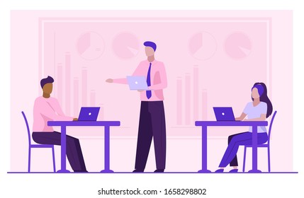 Geschäftsführer, der die Arbeitsgruppe ausbildet. Das Team nutzt Laptops auf Büroflaeche Vektorillustration. Corporate-Diskussion, Kommunikationskonzept für Banner, Website-Design oder Landing-Webseite