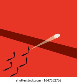 Business leader or leadership vector concept with businessman and flashlight leading team. Symbol of strength, vision, overcoming challenge. Eps10 illustration.