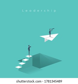 Business leader and leadership vector concept with businessman on a paper plane flying. Symbol of success, vision or visionary. Eps10 illustration.