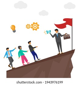 business leader leads up the hill, flat illustration vector graphic
