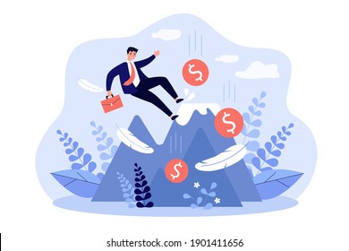 Business Leader Making Mistake And Falling Down From Top Of Mountain. Careless Bankrupt Losing Money. Vector Illustration Bankruptcy Warning, Loss Prevention, Error, Financial Failure Concept