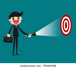 Business leader pointing flashlight to target. business concept vector illustration.