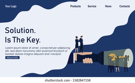 Business leader see team try to unlock keyhole teamwork. Business Landing Page Template.