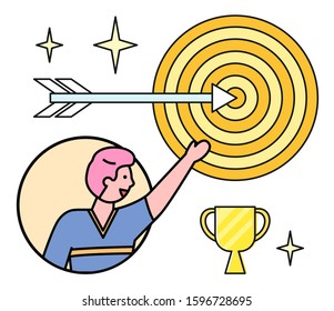 Business leader showing aim, boss leading to success and achievements. Male pointing on target with arrow and stars. Gold prize cup as trophy for winner. Businessman with idea, vector in flat