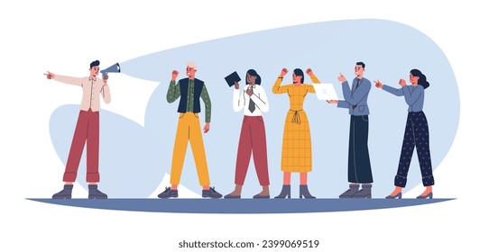 Business leader shows right and successful way. Man with megaphone leading people. Office leadership. Public speaker. Teamwork success. Colleagues team. Manager influence