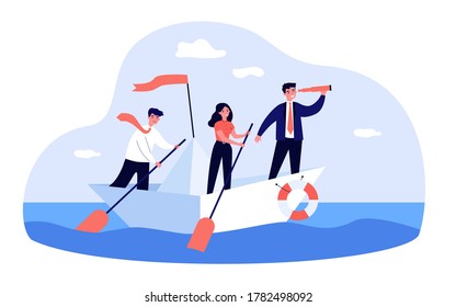 Business leader with spyglass leading his team in ocean. Team of employee with paddles sailing paper boat. Vector illustration for journey, success, goal, strategy, teamwork concepts