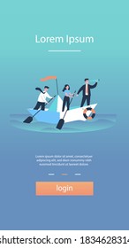 Business leader with spyglass leading his team in ocean. Team of employee with paddles sailing paper boat. Vector illustration for journey, success, goal, strategy, teamwork concepts